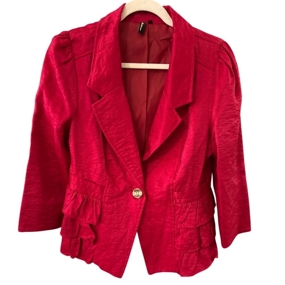 Ambition Peplum Blazer Ruffle Bright Red Textured 3/4 Sleeve Shimmer Military